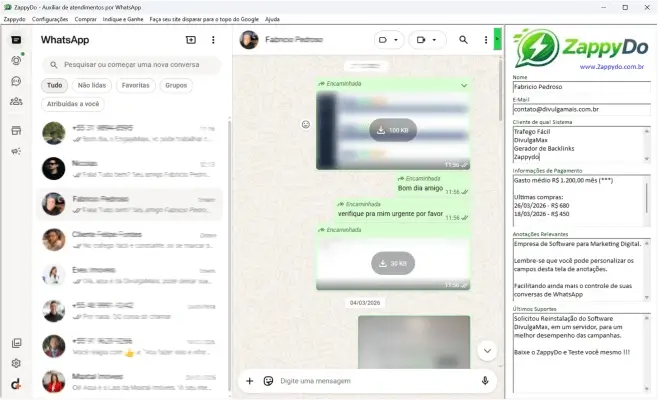 Tela do ZappyDo com a ficha do cliente ao lado do WhatsApp Web